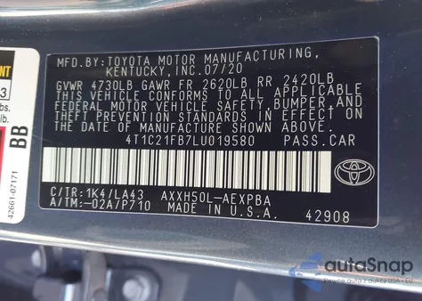 2020 Toyota Avalon Hybrid Limited from USA, damaged, VIN 4T1C21FB7LU019580